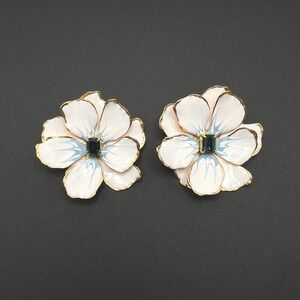 Anthropologie The Pink Reef Hand Painted Earrings White Blue Enamel Gold Floral